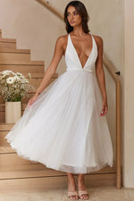 Floating By Plunging Neckline Mesh Overlay Midi Dress White