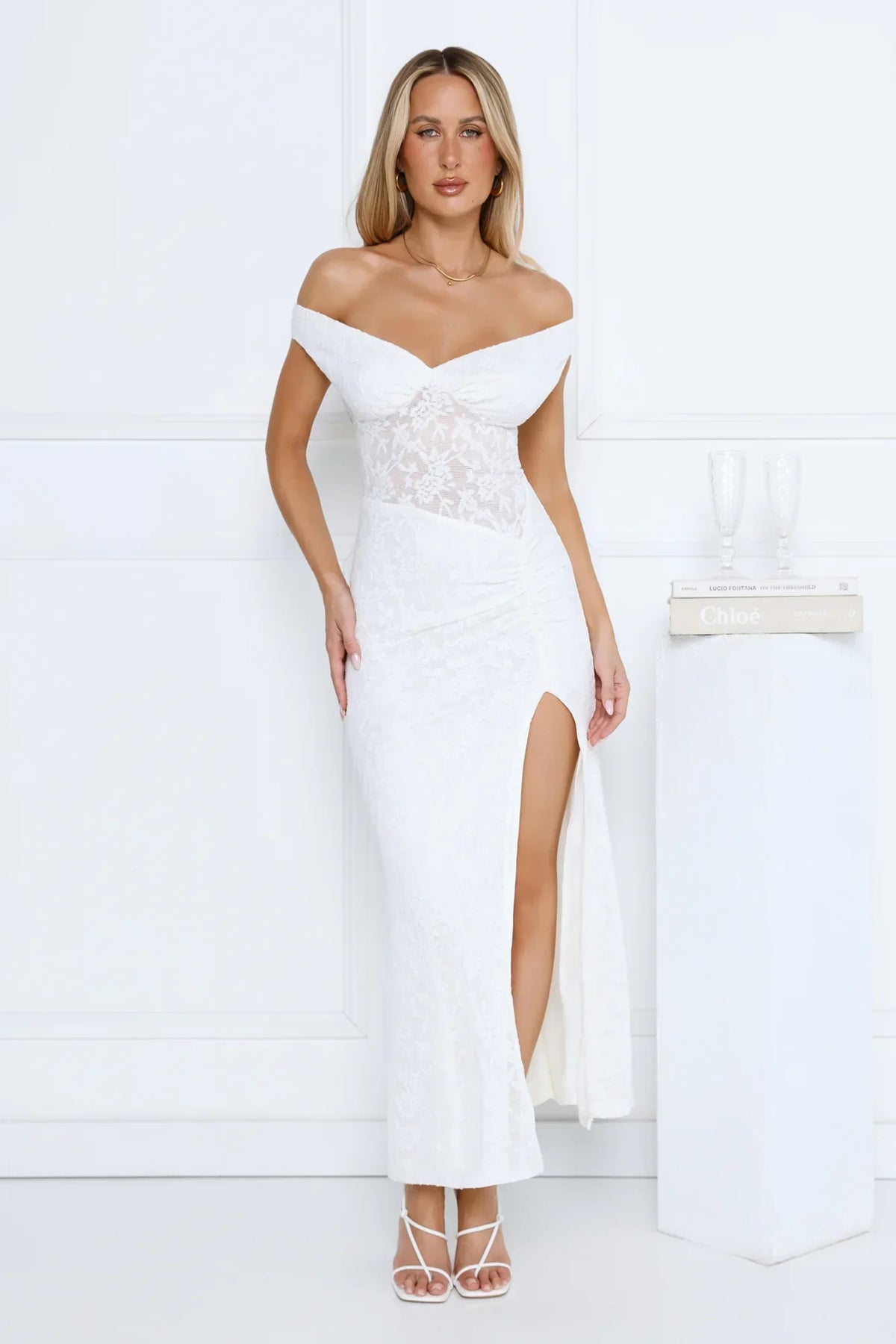 Ivory Veil Off Shoulder Lace Maxi Dress White
