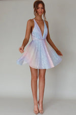 Floating By Plunging Neckline Mini Dress Sequin Rainbow
