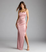 Jane Cowl Neck Slit Satin Formal Column Dress