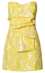 Amalie The Label - Frederika Strapless Ruffle Detail Jacquard Mini Dress in Yellow