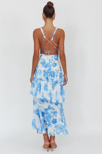 Veda Strappy Back Ruffle Maxi Dress Roses Blue