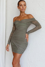Moonrise Off-Shoulder Crossover Neckline Long Sleeve Ruched Dress Olive