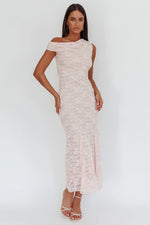 Diana Asymmetric Shoulder Godet Maxi Dress Lace Pink