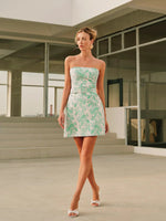 Jacquard Collarless Short Dress With Belt