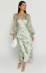 Freollyn Midi Dress - Deep V Neck Long Sleeve Dress in Sage