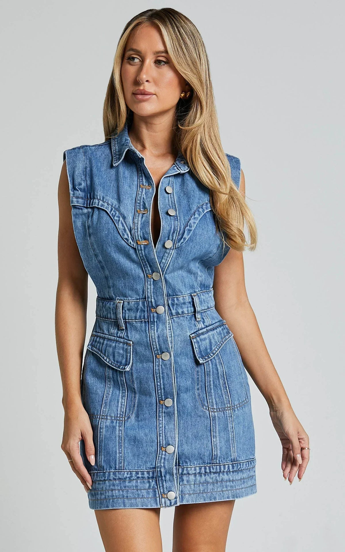 Jasse Mini Dress - Hardware Button Through Denim Dress in Mid Blue Wash