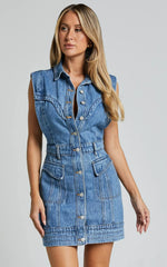 Jasse Mini Dress - Hardware Button Through Denim Dress in Mid Blue Wash