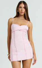 Gigi Mini Linen Blend Dress - Sweetheart Tie Back Scallop Detail Dress in Pink