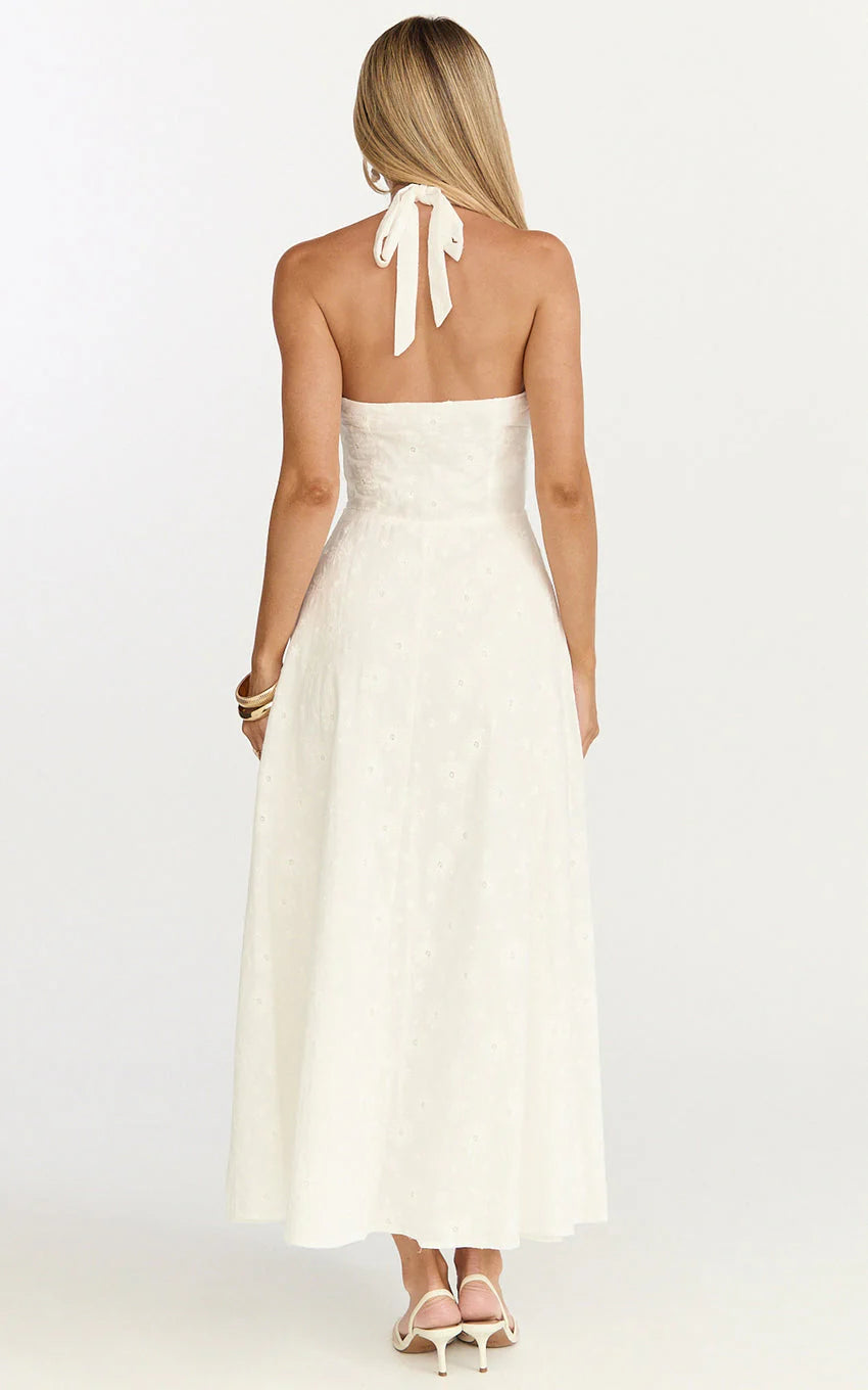 Lyra Midi Dress - Broderie Ruched Bust Halter Neck Dress in White