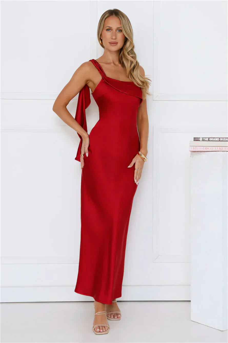 Romantic Tales Satin One Shoulder Maxi Dress