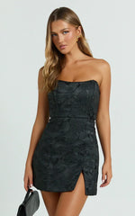 Brailey Mini Dress - Strapless Dress in Black Jacquard