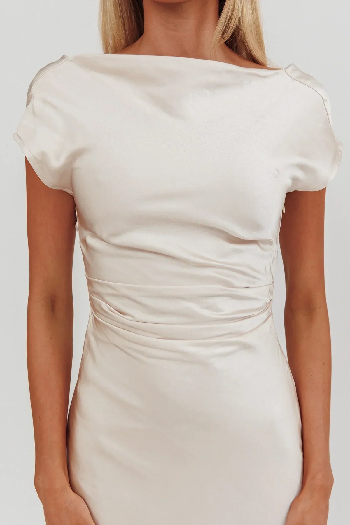 Loveland Cap Sleeve Cowl Back Midi Dress Champagne