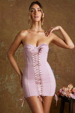 Lace Up Corset Bandeau Micro Mini Dress In Mauve