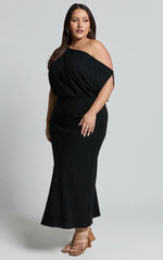 Jacqueline Midi Dress - Linen One Shoulder Dress in Black