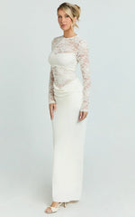 Crisanta Maxi Dress - Long Sleeve Contrast Lace Bodycon Dress in Ivory