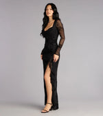Irene Flocked Ruffle Slit Formal Dress