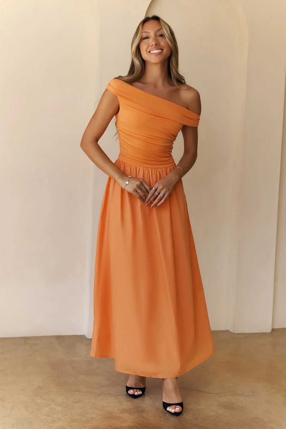 Camellia Charm Off Shoulder Maxi Dress