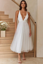 Floating By Plunging Neckline Mesh Overlay Midi Dress White