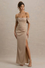 Annie | Champagne Satin Bardot Maxi Dress With Split Wrap Skirt