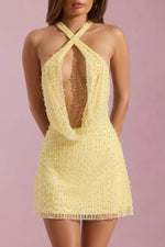 Embellished Cowl-Neck Backless Mini Dress in Yellow