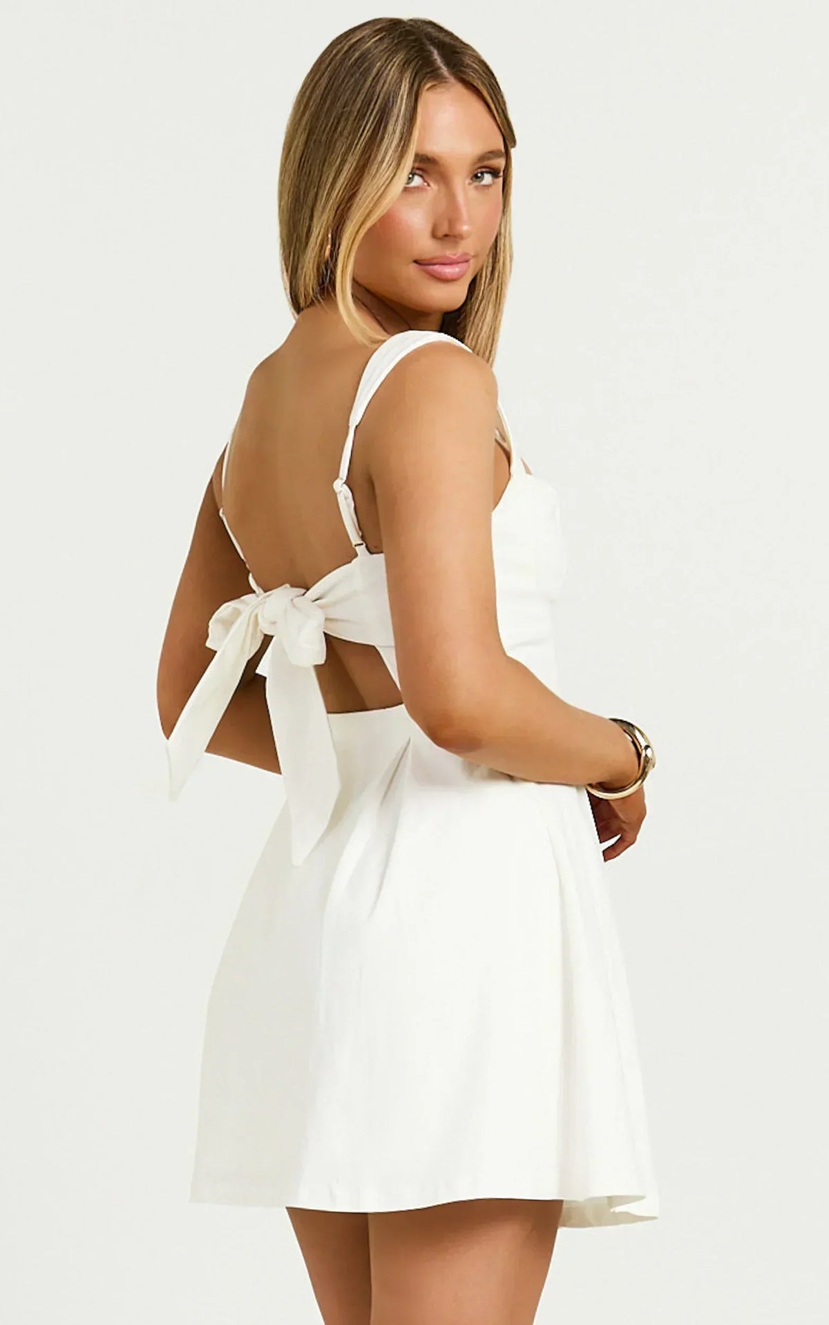 Ida Mini Dress - Wide Strap Straight NeckBow Back Dress In White