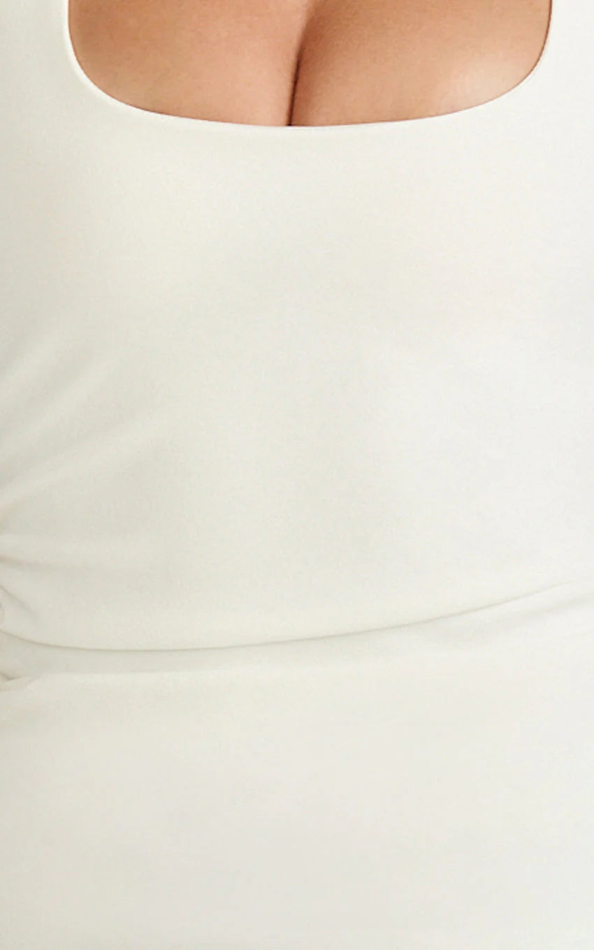 Lucinda Mini Dress - Scoop Neck Ruched Bodycon Dress in White
