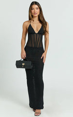 Roselyn Maxi Dress - Halter Neck Corset Waist Column Dress in Black