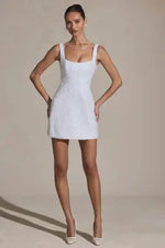 Embellished Structured A-Line Mini Dress in White