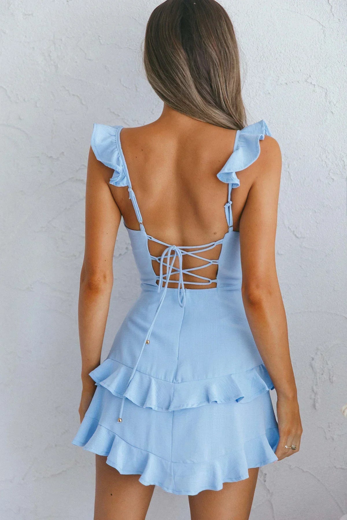 Moonlit Moment Ruffle Trim Piping Detail Lace-Up Back Dress Blue