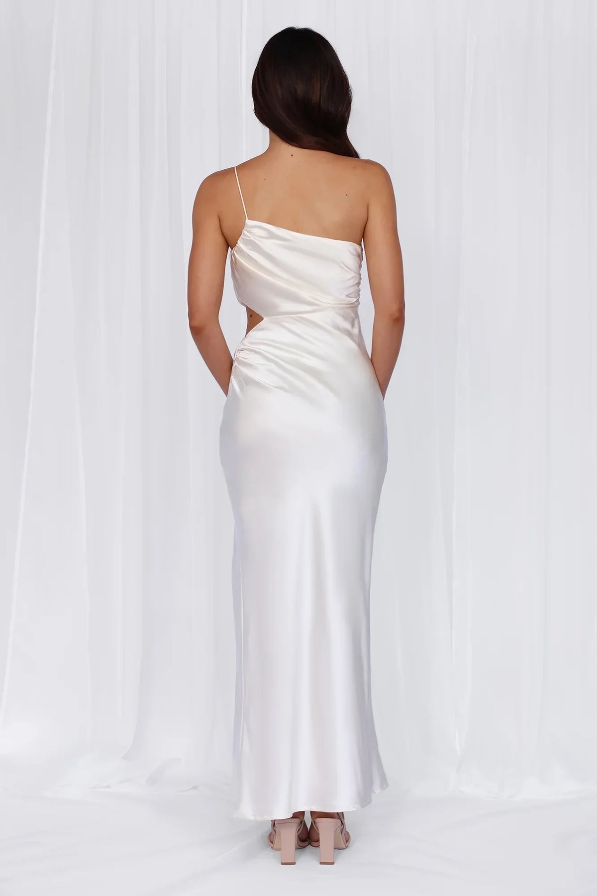 HELLO MOLLY The Opal One Shoulder Satin Maxi Dress Pearl