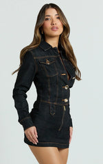 Fabia Mini Dress - Denim Hardware Button Front Fitted Shirt Dress in Dark Wash