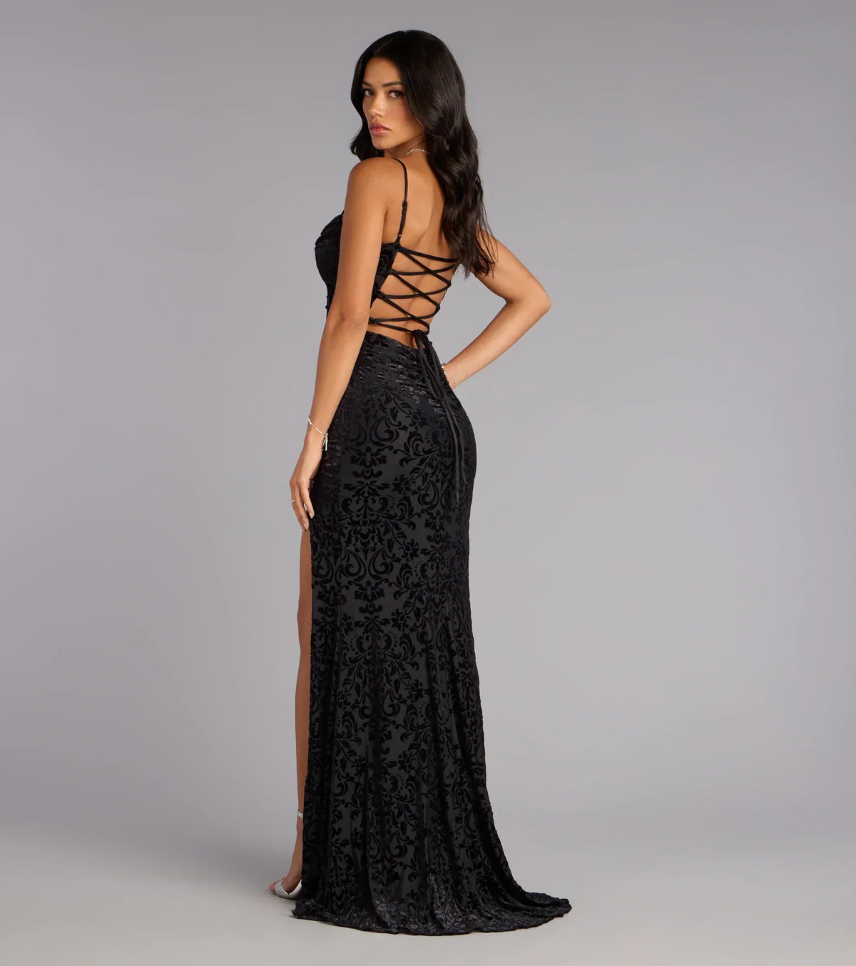 Ashlie Velvet Burnout Lace-Up Formal Dress