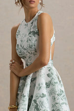 Waverly | Green Porcelain Print Racer-Neck Sleeveless Skater Mini Dress
