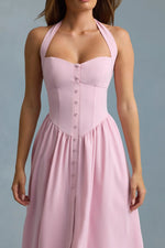 Button-Detail Halterneck Midaxi Dress in Soft Pink