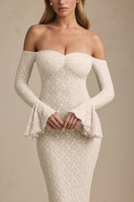 Off-Shoulder Ruffle Lace Maxi Dress in Ivory