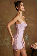 Lace Up Corset Bandeau Micro Mini Dress In Mauve