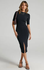 Tall Tales Midi Dress - Bodycon Centre Split Dress in Black