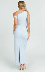 Alexandria Midi Dress - Tip Shoulder Draped Fitted Dress in Blue