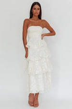 Giavana Strapless Layered Midi Dress Floral Embossed Cream