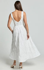 Georgine Midi Dress - Square Neck Fit and Flare Jacquard Dress in Ivory