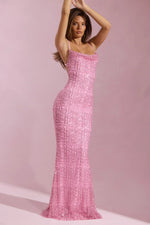 Embellished Cowl-Neck Backless Maxi Dress in Pink