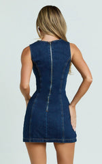 Olenna Mini Dress - High Neck Fitted Denim Dress in Indigo Wash