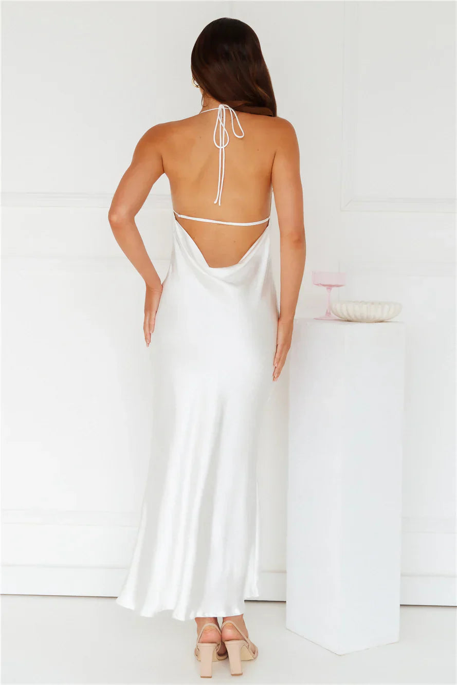Rebellious Rose Halter Satin Maxi Dress White