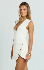 Halsey Mini Dress - Sleeveless Deep U Neck Faux Wrap Tulip Dress in Cream