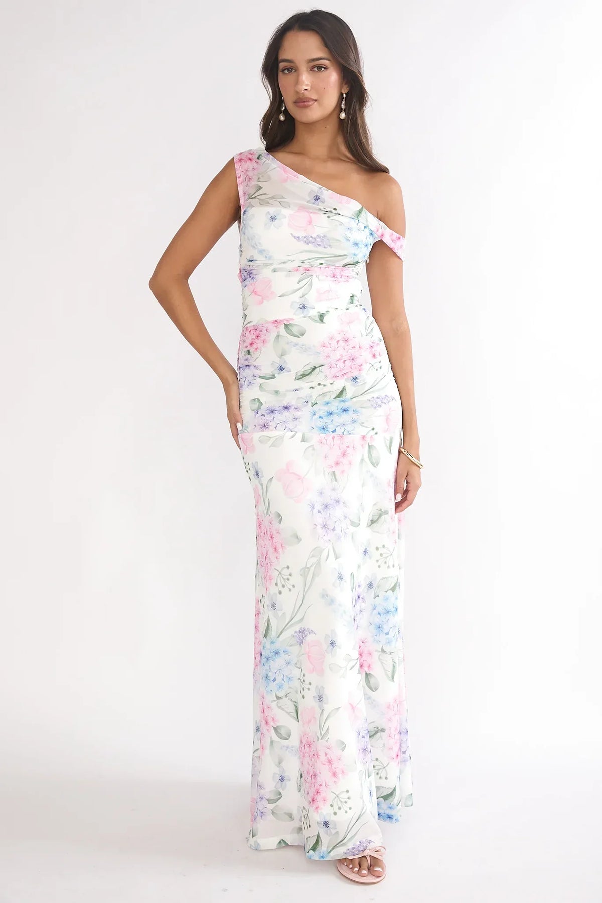Lylah Asymmetric Neckline Mesh Maxi Dress Floral Blue