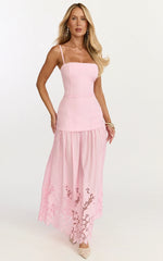 Everly Maxi Dress - Straight Neck Broderie Cut Out Hem Dress in Pink