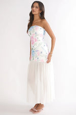 Wilma Sheer Hem Strapless Maxi Dress Flowers Blue