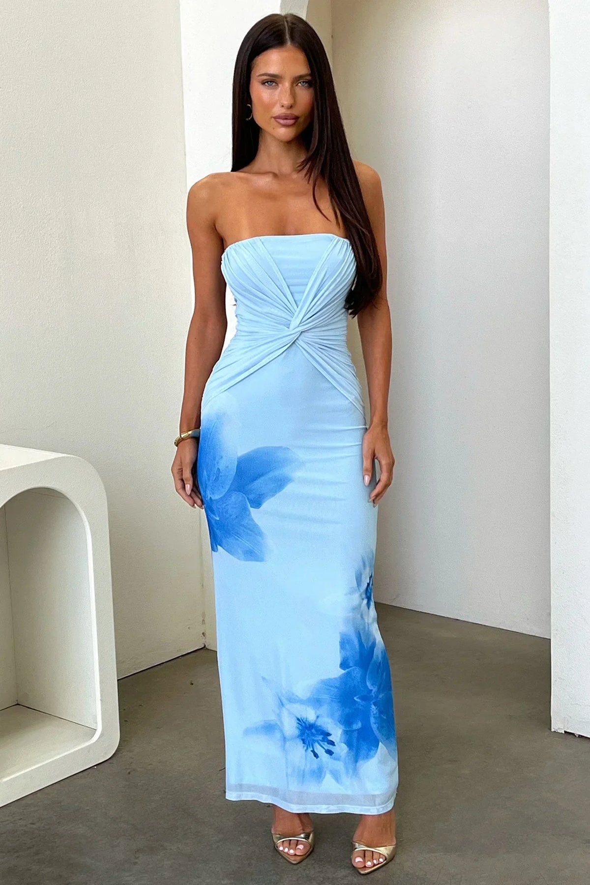 Lennen Strapless Mesh Maxi Dress - Blue
