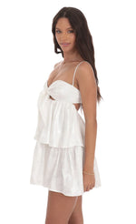Jacquard Front Tie Ruffle Dress in White